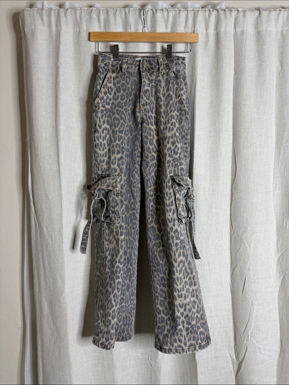Leopard Print Cargo Trousers - Gray
